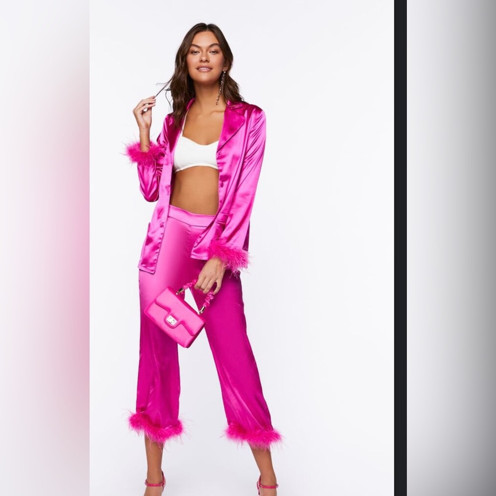 F21 Satin Feather-Trim Straight Leg Pants